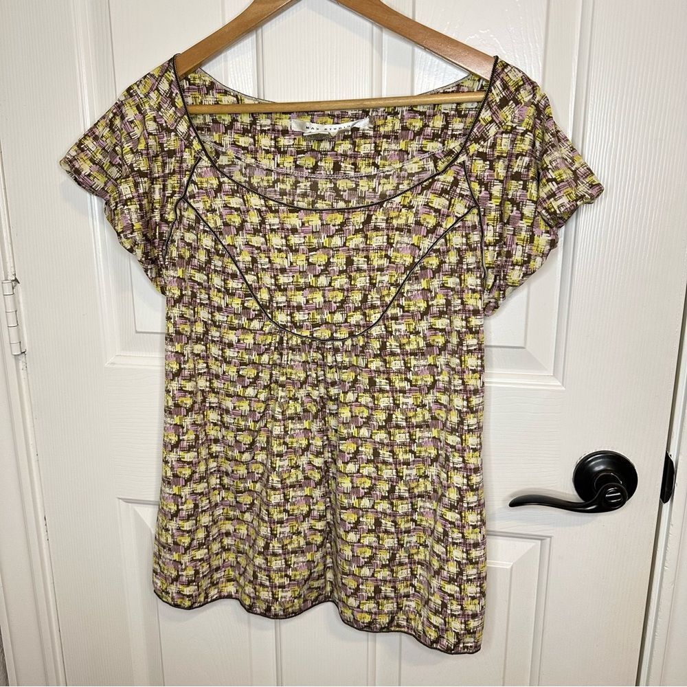 Y2K Max Studio Yellow Purple Brown Geometric Print Babydoll Blouse Sz M Cottage